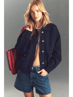 Anthropologie RAISONNEL Denim-Trim Sweater Jacket Navy Blue L